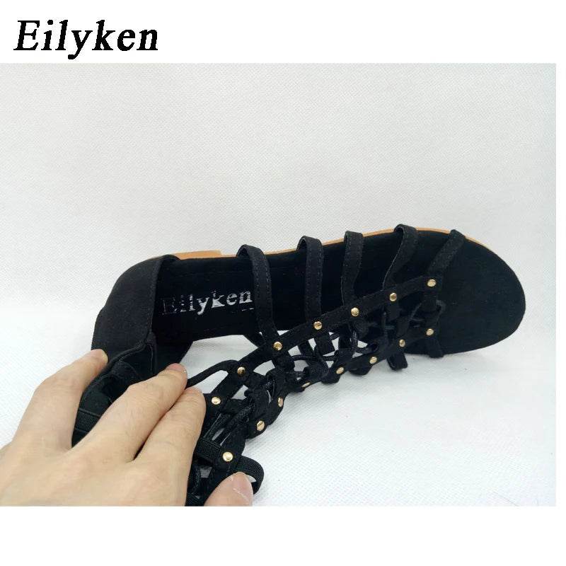 Designer Women Sandals Strappy Open toe Knee High Summer Gladiator Flat Sandals Roman Bandage Casual Boots Shoes - Touchy Style