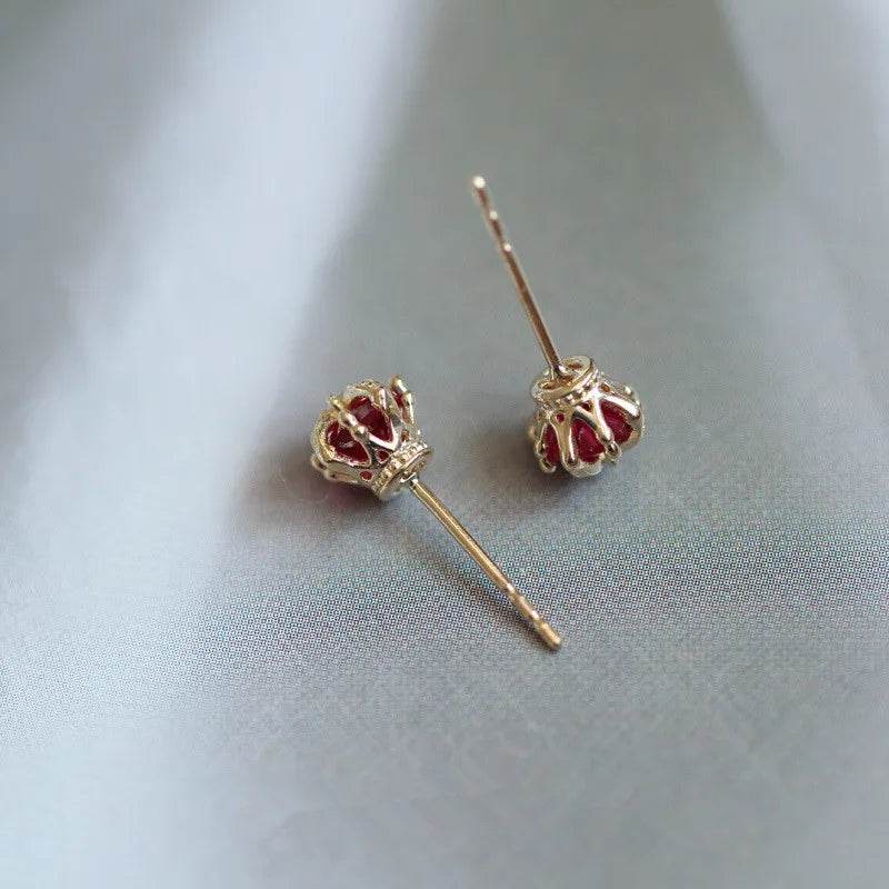 925 Sterling Silver Simple Crown Stud Earrings Women Inlaid Red Zircon Right Staff Noble Elegant Wedding Jewelry Gift - Touchy Style