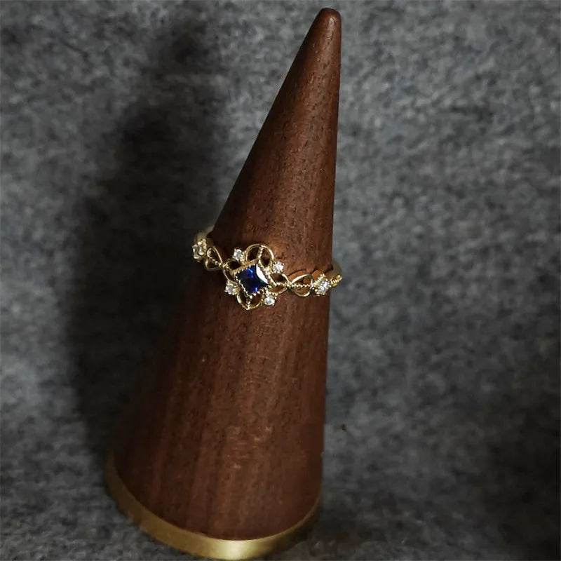 925 Sterling Silver 14K Gold Plated Ring for Women Blue Zircon Japanese Retro Hollow Simple Ring Wedding Party Jewelry - Touchy Style