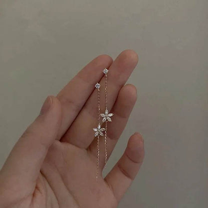925 Sterling Silver Plated 14K Gold Long Tassel Zircon Flower Earrings fou women Sweet Temperament Wedding Jewelry Accessories - Touchy Style