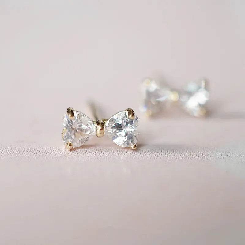 925 Sterling Silver Plating 14k Gold Inlaid Crystal Simple Bow Earrings Women Small Cute Student Girlfriends Jewelry Accessories - Touchy Style