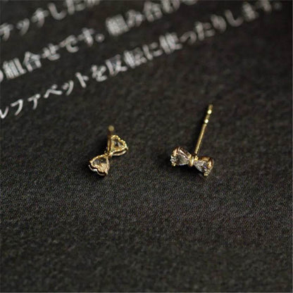 925 Sterling Silver Plating 14k Gold Inlaid Crystal Simple Bow Earrings Women Small Cute Student Girlfriends Jewelry Accessories - Touchy Style