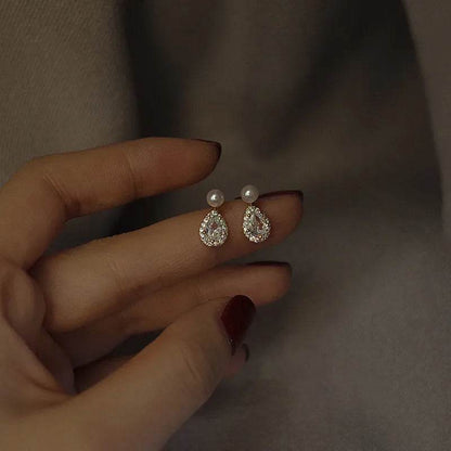 S925 Sterling Silver 14k Gold Plated Pearl Stud Earrings Water Drop Shiny Zircon Exquisite Earrings for Women Wedding Jewelry - Touchy Style