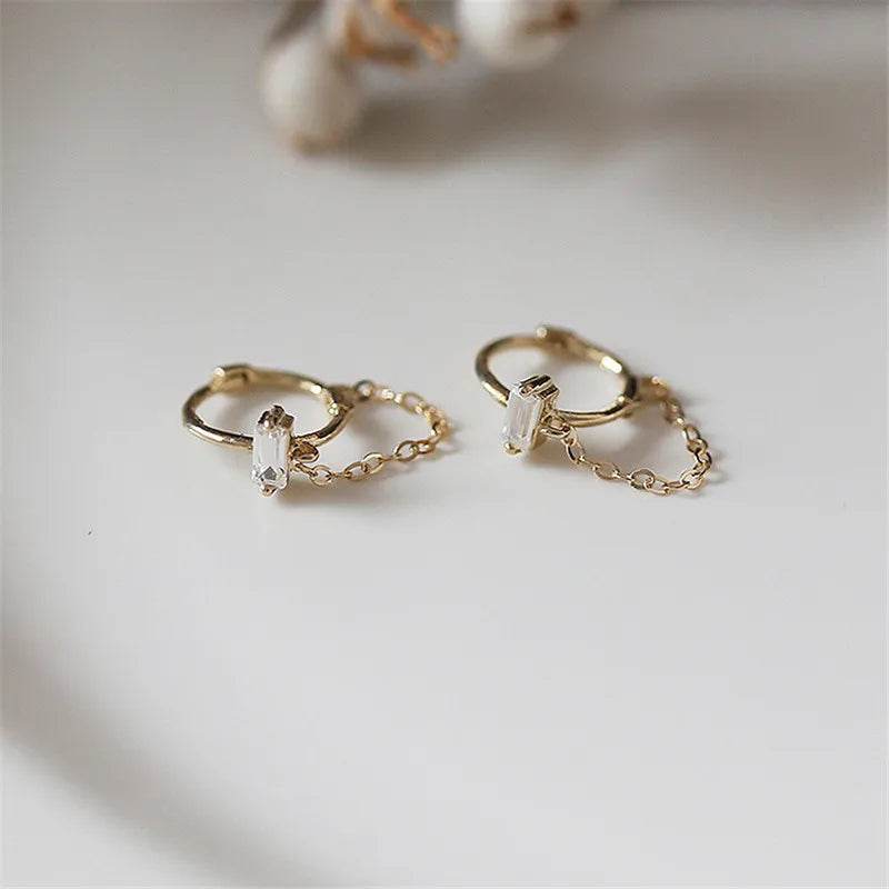 925 Sterling Silver French Simple Square Crystal Chain Earrings women Light Luxury Temperament Wedding Party Jewelry - Touchy Style