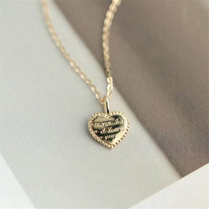 925 Sterling Silver European Simple Heart Pendant Carved I LOVE YOU Clavicle Chain Necklace Female Classic Vintage Party Jewelry - Touchy Style