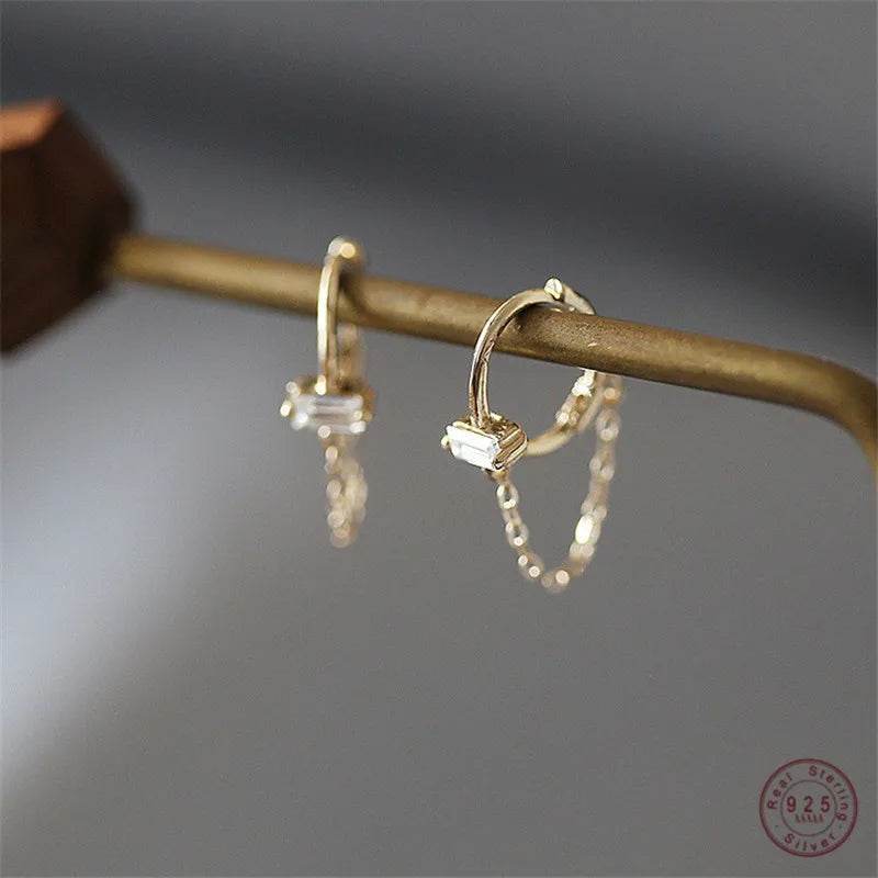 925 Sterling Silver French Simple Square Crystal Chain Earrings women Light Luxury Temperament Wedding Party Jewelry - Touchy Style