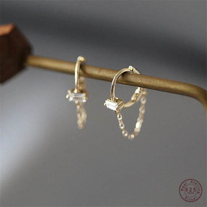 925 Sterling Silver French Simple Square Crystal Chain Earrings women Light Luxury Temperament Wedding Party Jewelry - Touchy Style