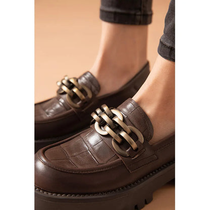 BeauToday Loafers for Women Genuine Cow Leather Round Toe Metal Chain Slip-on Ladies Platform Shoes Handmade I27748