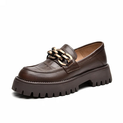 BeauToday Loafers for Women Genuine Cow Leather Round Toe Metal Chain Slip-on Ladies Platform Shoes Handmade I27748