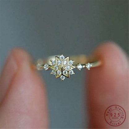 Shiny Zircon Exquisite Snowflake Ring for Women 925 Sterling Silver 14k Gold Plated Romantic Wedding Jewelry - Touchy Style