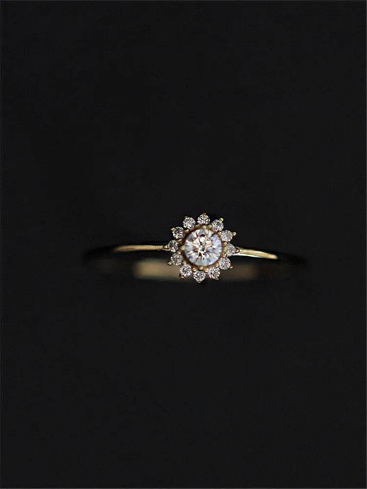 925 Sterling Silver Korean Version Simple Sunflower Ring For Women Pavé Crystal Fashion 14k Gold Plating Jewelry Gift - Touchy Style