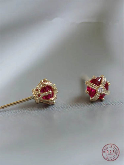 925 Sterling Silver Simple Crown Stud Earrings Women Inlaid Red Zircon Right Staff Noble Elegant Wedding Jewelry Gift - Touchy Style