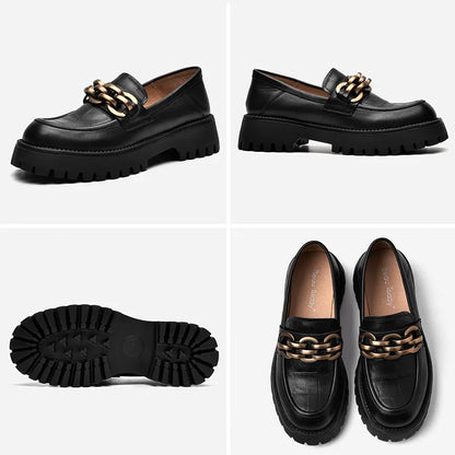 BeauToday Loafers for Women Genuine Cow Leather Round Toe Metal Chain Slip-on Ladies Platform Shoes Handmade I27748
