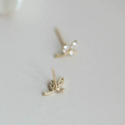 925 Sterling Silver French Simple Pavé Crystal Leaf Tree Life Stud Earrings Women Classic Plating 14k Gold Jewelry Gift - Touchy Style