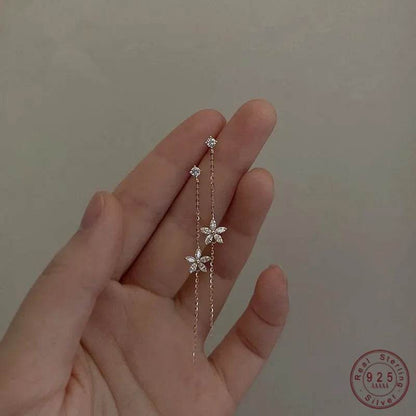 925 Sterling Silver Plated 14K Gold Long Tassel Zircon Flower Earrings fou women Sweet Temperament Wedding Jewelry Accessories - Touchy Style