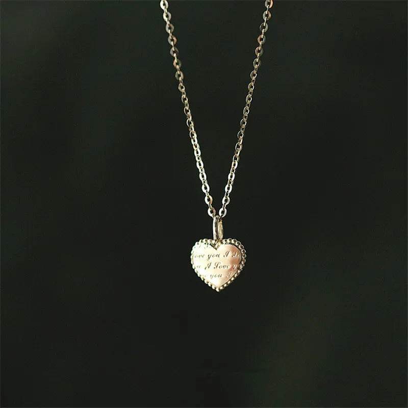 925 Sterling Silver European Simple Heart Pendant Carved I LOVE YOU Clavicle Chain Necklace Female Classic Vintage Party Jewelry - Touchy Style