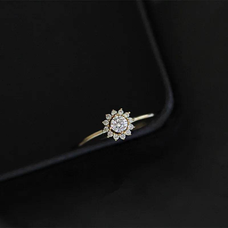 925 Sterling Silver Korean Version Simple Sunflower Ring For Women Pavé Crystal Fashion 14k Gold Plating Jewelry Gift - Touchy Style