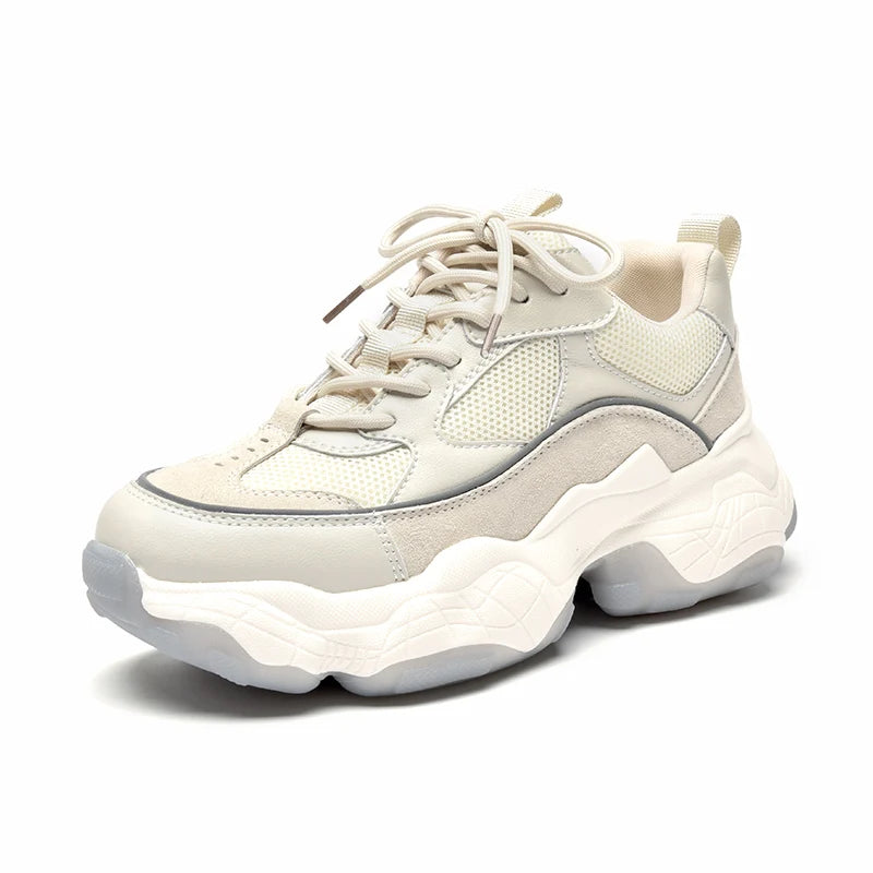 BEAUTODAY Women Chunky Sneakers Genuine Leather Mesh Mixed Colors Round Toe Lace-Up Thick Sole Ladies Breathable Shoes 29402