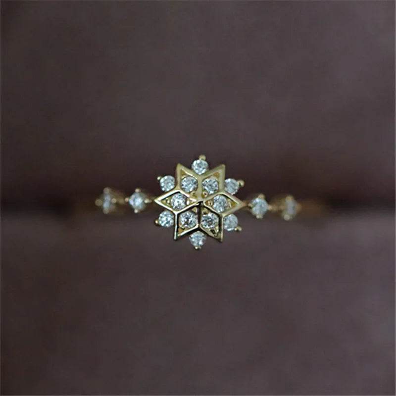 Shiny Zircon Exquisite Snowflake Ring for Women 925 Sterling Silver 14k Gold Plated Romantic Wedding Jewelry - Touchy Style