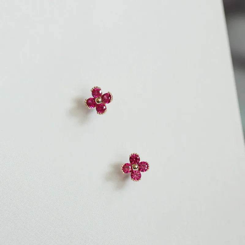 925 Sterling Silver Plated 14K Gold Red Zircon Lovely Small Flower Stud Earrings Women Wedding Jewelry Gift - Touchy Style