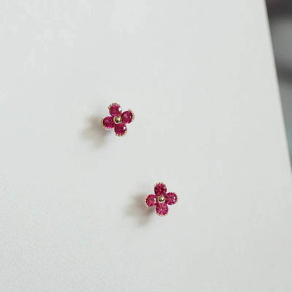 925 Sterling Silver Plated 14K Gold Red Zircon Lovely Small Flower Stud Earrings Women Wedding Jewelry Gift - Touchy Style