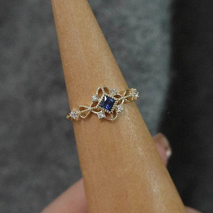925 Sterling Silver 14K Gold Plated Ring for Women Blue Zircon Japanese Retro Hollow Simple Ring Wedding Party Jewelry - Touchy Style