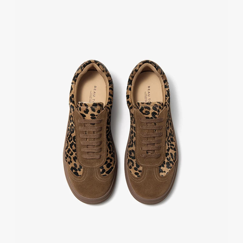 BEAUTODAY Fashion Leopard Sneakers Women Cow Suede Lace-up Round Toe Patchwork Ladies Shoes Handmade 29895