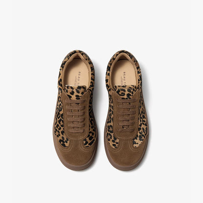 BEAUTODAY Fashion Leopard Sneakers Women Cow Suede Lace-up Round Toe Patchwork Ladies Shoes Handmade 29895