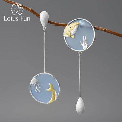 Lotus Fun Agate Exclusive Gemstone Underwater World Whale Asymmetrical Long Drop Earrings for Women 925 Sterling Silver Jewelry - Touchy Style