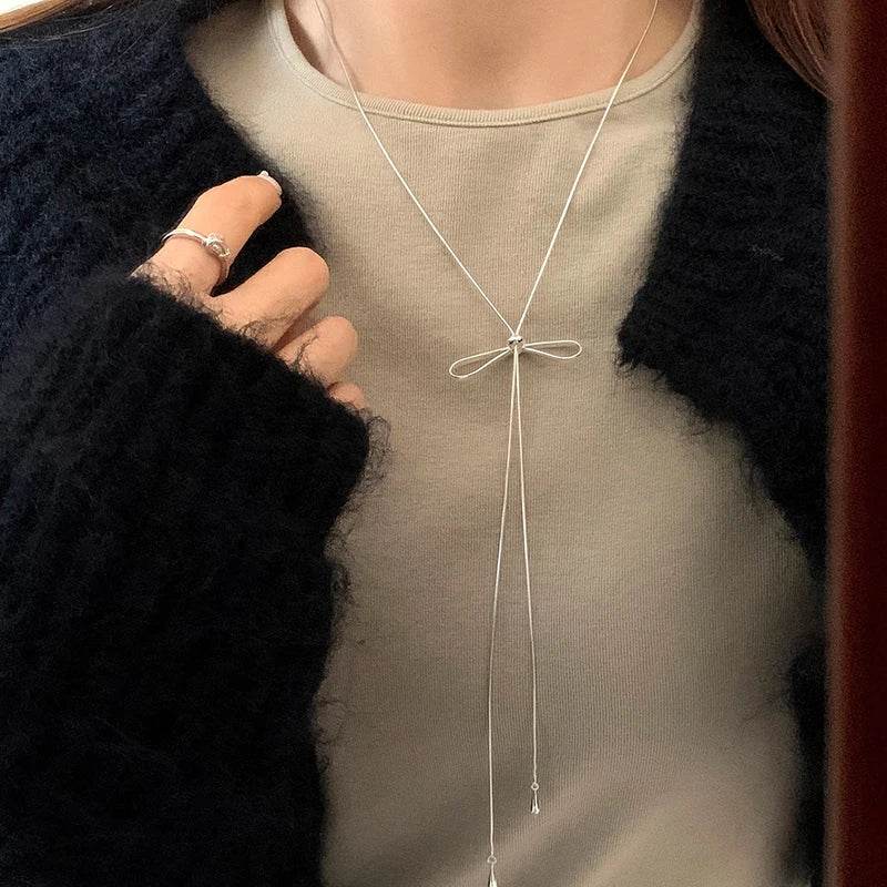 PANJBJ 925 Sterling Silver Bowknot Necklace For Women Snake Bone Chain Sweater Chain Versatile Adjustab Jewelry Gift Dropship - Touchy Style