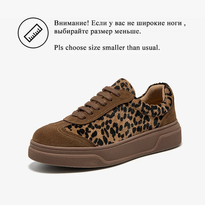 BEAUTODAY Fashion Leopard Sneakers Women Cow Suede Lace-up Round Toe Patchwork Ladies Shoes Handmade 29895