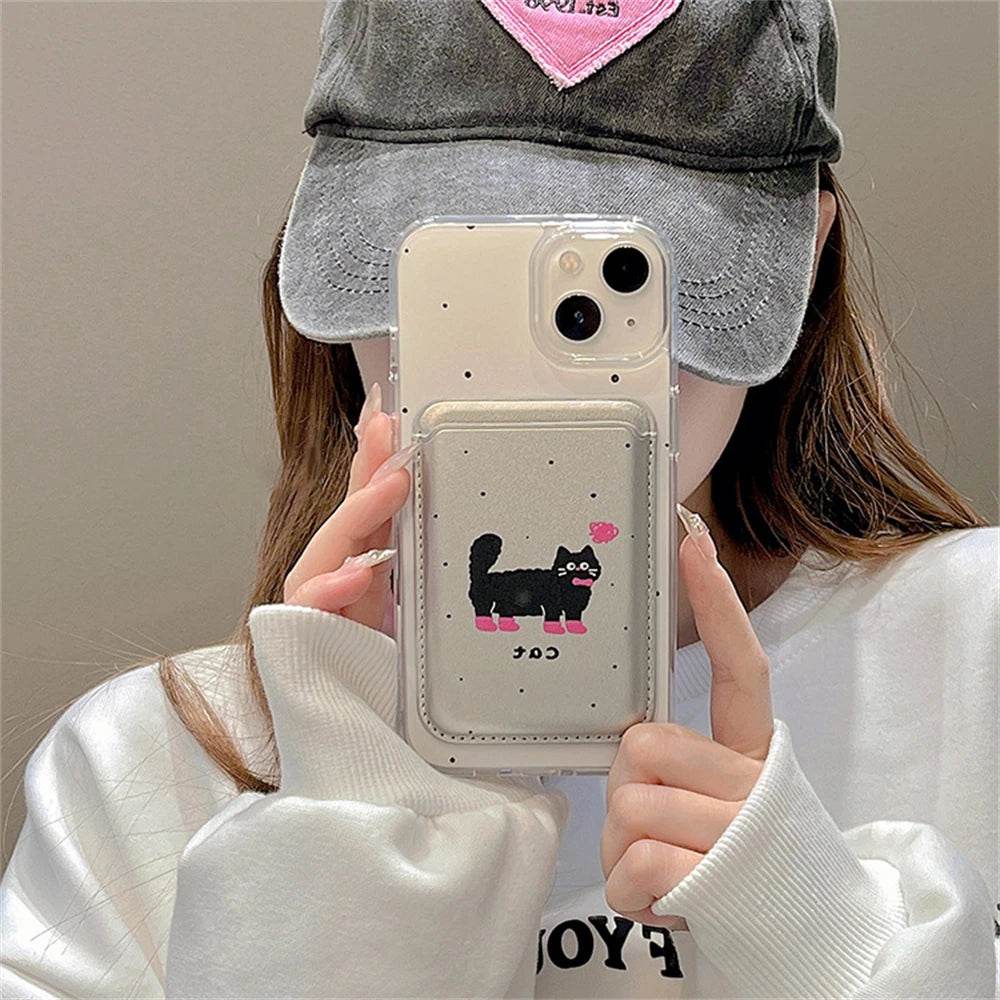 Cute Phone Cases For iPhone 13, 15, 14, 12, 11 Pro Max, 14, 15 Plus - Korean Cartoon Cat - Card Slot - PC6320 - Touchy Style
