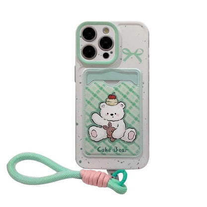 Cute Phone Cases For iPhone 16, 15, 14, 13 Pro Max, Xr, 15, 14, 16 Plus - Cherry Cake Bear Doll - Green plaid Photo Card Holder - IC5320 - Touchy Style