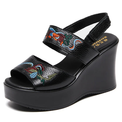 New Women Luxury Platform Wedge Sandals Cow Genuine Leather Summer Shoes Hollow Pumps Casual Breathable Leisure
