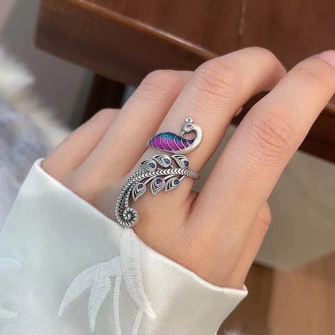PANJBJ 925 Sterling Silver Animal Rings For Women Peacock Multicolour Feather Irregular Drip Glaze Jewelry Gift Dropshipping - Touchy Style