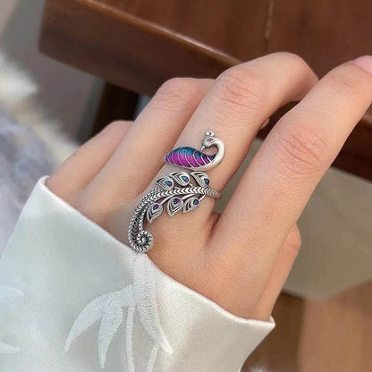 PANJBJ 925 Sterling Silver Animal Rings For Women Peacock Multicolour Feather Irregular Drip Glaze Jewelry Gift Dropshipping - Touchy Style