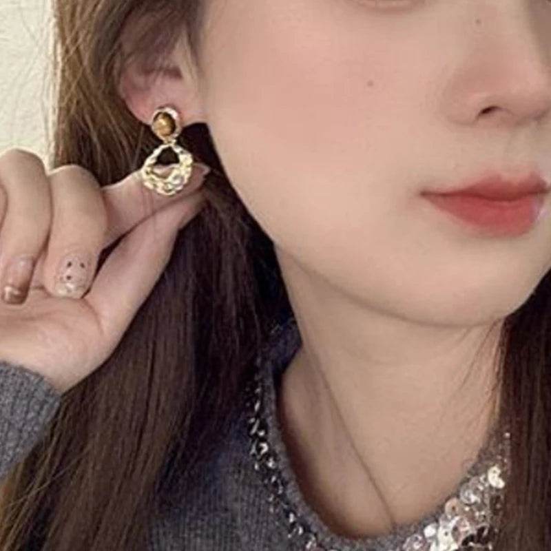 PANJBJ 925 Sterling Silver Tigereye Drop Earring for Women Irregular Hollow Out Pearl Vintage Jewelry Gift Dropshipping - Touchy Style