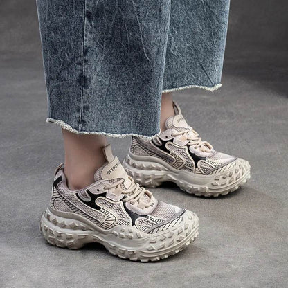 Genuine Leather Shoes Women Sneakers Lace-up Retro Mixed Colors New Spring Handmade Concise Platform Sneakers - Touchy Style