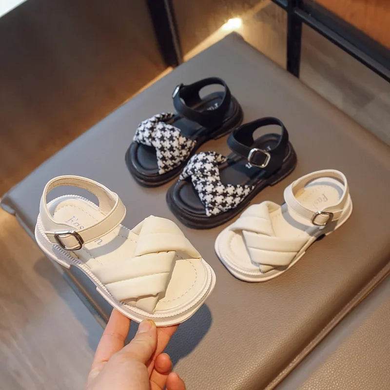 2024 Summer Children Sliders Cross-tied Houndstooth Morden Girl&