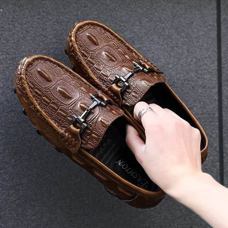 Men Casual Shoes Genuine Leather Crocodile Style Luxury Brand Mens Loafers Moccasins Slip on Black Driving Shoes Plus Size 38-47 - Touchy Style