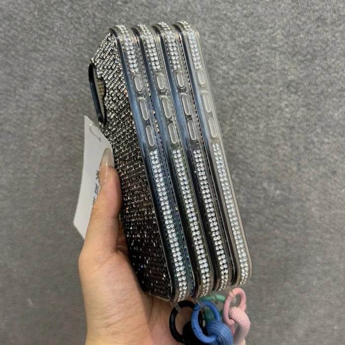 Luxury Bling Case Full Shinny Diamond Bumper Frame Cover For iPhone 15 16 ProMax 14 Plus 13 12 11 Pro Max Wristband Lanyard Case - Touchy Style