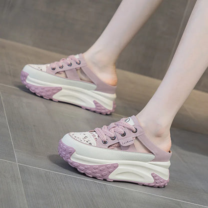 Genuine Leather Slippers Women Hollow Mules Summer Height Increasing Breathable Casual Shoes Wedges Platform Slip On Sneakers