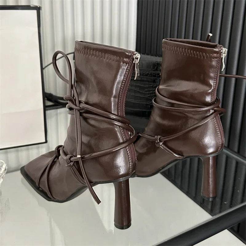 Spring Autumn Design Cross- Strap Women Ankle Boots Punk Style Square Toe High Heels Zipper Booties Shoes - Touchy Style
