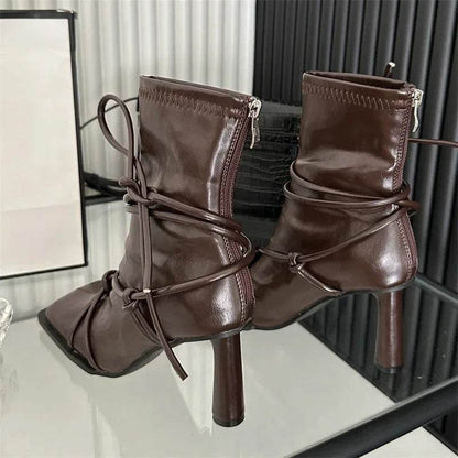 Spring Autumn Design Cross- Strap Women Ankle Boots Punk Style Square Toe High Heels Zipper Booties Shoes - Touchy Style