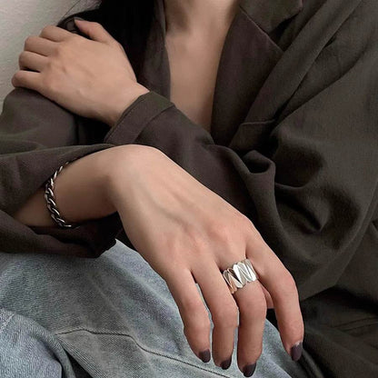 PANJBJ 925 Sterling Silve Love Heart Ring for Women Gift Wide Irregular Design Texture Adjustable Jewelry Gift Dropshipping - Touchy Style