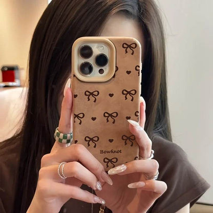 Cute Phone Cases For iPhone 16 15 14 Pro Max XS X XR 11 12 13 15 16 Plus - Simple Hearts Dots Bow Pattern - Leather Cover - Touchy Style
