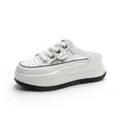 Genuine Leather Slippers Women Hollow Mules Summer Height Increasing Breathable Casual Shoes Wedges Platform Lace-up Sneakers - Touchy Style