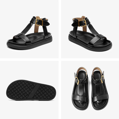 BEAUTODAY Gladiator Sandals Women Genuine Cow Leather T-Strap Platform Sandal Leisure Summer Ladies Shoes Handmade 32429