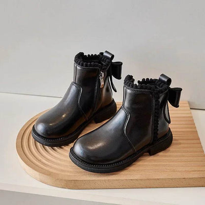 Cute Pompom PU Leather Kids Ankle Boots Super Warm Velevt Winter Shoes Girl Low Heel Fashion Butterfly-knot Student Shoes G10234 - Touchy Style