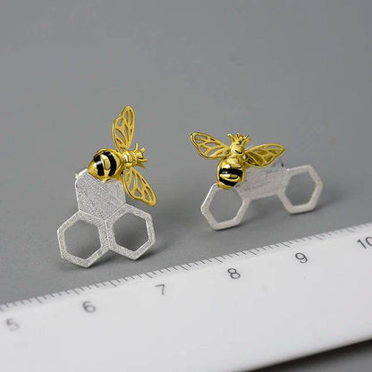 Lotus Fun 18K Gold Unusual Asymmetrical New Honeycomb and Bee Stud Earrings for Women Original Real 925 Sterling Silver Jewelry - Touchy Style